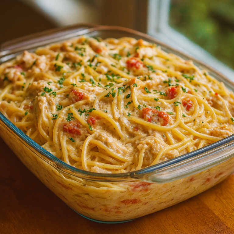 Creamy Rotel Chicken Spaghetti Casserole