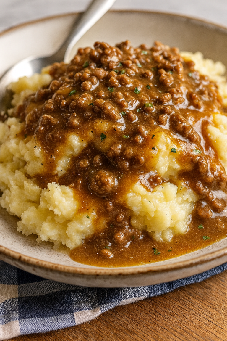 Ground Beef and Gravy Over Mashed Potatoes